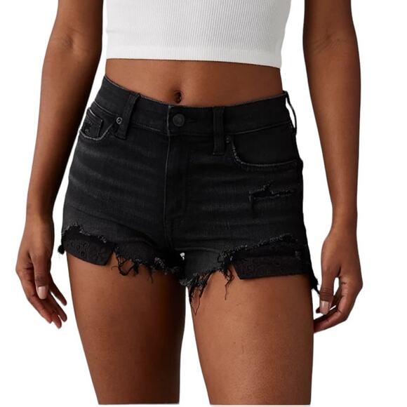 American Eagle Next Level Black Distressed Frayed Hem Denim Shorts Size 6 - Picture 1 of 12